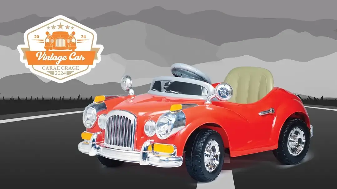 Red vintage-style toy car on a road backdrop.